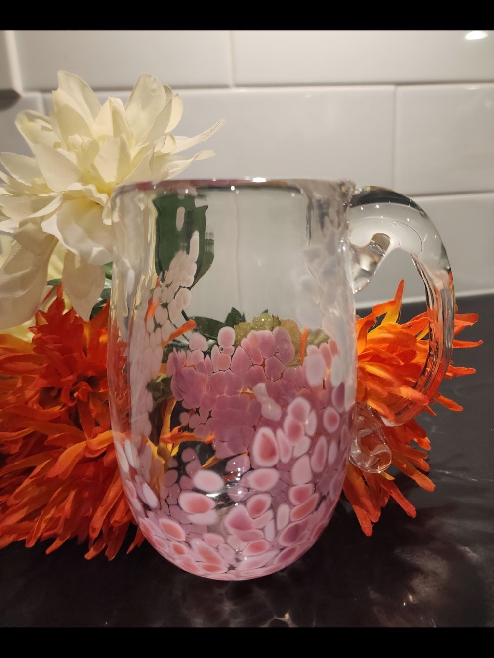 VTG Hand Blown Pink Frit Studio Art Glass Coffee Mug Cup w/ Artisan Pontil Mark